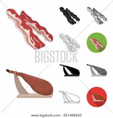 Different Meat Cartoon, Black, Flat, Monochrome, Outline Icons In Set Collection For Design. Meat Pr