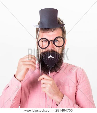 Dressing Well Makes You Seem More Intelligent. Man Bearded Hipster Cardboard Top Hat And Eyeglasses 