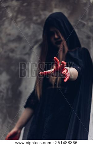 Portrait Woman Ghost Devil And Reach Out Hand Have Red Blood