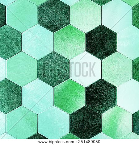Abstract Silver With Green Metallic Background. Geometric Hexagons. Different Color