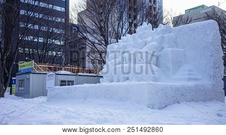 Sapporo, Japan - Feb 5, 2015. Ice Sculptures On The Pedestrian Street In Sapporo, Japan. Sapporo Is 