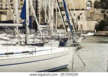 Sailboats Moored At Portomaso Marina In St. Julian, Malta