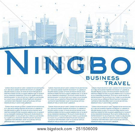 Outline Ningbo China City Skyline with Blue Buildings and Copy Space. Business Travel and Tourism Concept with Historic Architecture. Ningbo Cityscape with Landmarks.