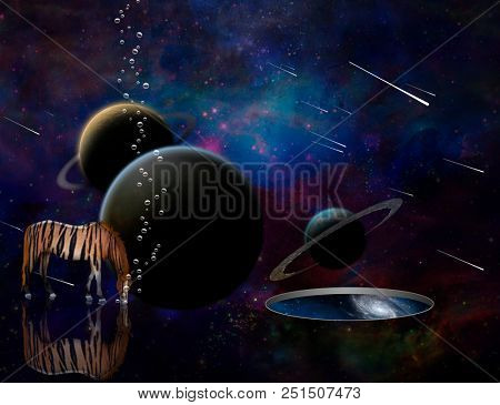 Surreal 3D rendering. Exosolar planets and meteor shower. Striped horse and wormhole to another dimension.