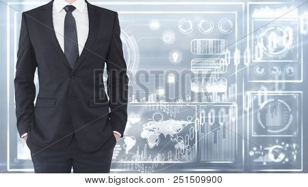 Businessman With Digtal Business Interface On Blurry Background. Future And Finance Concept. 3d Rend