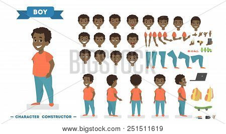 Cute African American Boy Character In Orange T-shirt And Blue Pants Set For Animation With Various 