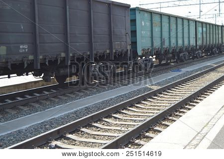 The Concept Of Logistics Of Transportation Of Goods By Rail, Freight Train On The Rails.