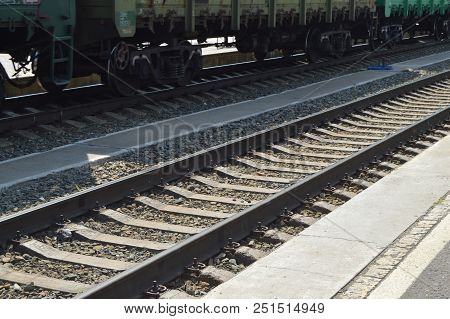 The Concept Of Logistics Of Transportation Of Goods By Rail, Freight Train On The Rails.