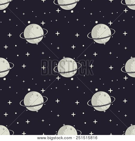 Vintage Hand Drawn Moom And Stars Pattern Background. Space Seamless Texture. Stock Vector Illustrat