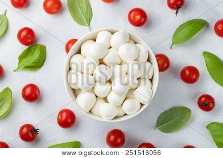 Basil, Tomatoes And Mozzarella In Bowl For Caprese Salad, Italian Food And Mediterranean Diet Concep