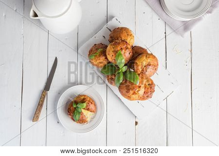 Homemade Freefly Baked Double Cheese Muffins With Basilic On A White Wooden Board. Healthy Snack Or 