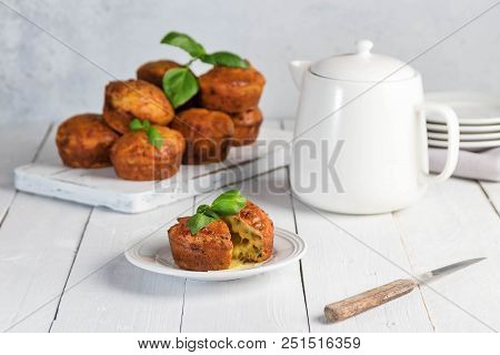 Homemade Freefly Baked Double Cheese Muffins With Basilic On A White Wooden Board. Healthy Snack Or 
