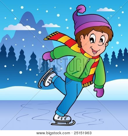 Зимняя сцена с катания на коньках мальчика - векторные иллюстрации.