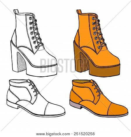 Set Of Warm Female Half-boot On Heel Made Of Suede. Isolared On White