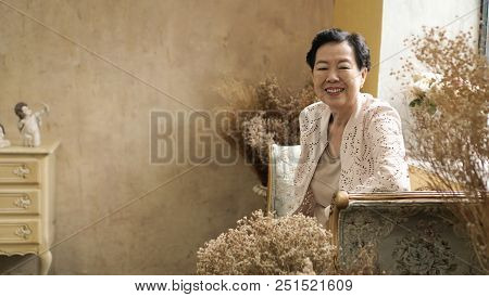 Asian Elderly Woman Sit In Beautiful Luxury Interior Room Tuscan Vintage Style