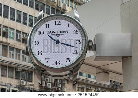 Kowloon, Hong Kong - April 21, 2017: Big Longines Watch Sign At Mong Kok In Kowloon, Hong Kong.