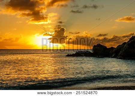 Travel Photo In St. Barths, Caribbean. Amazing View Of Sunset On Shell Beach In Gustavia, Caribbean.