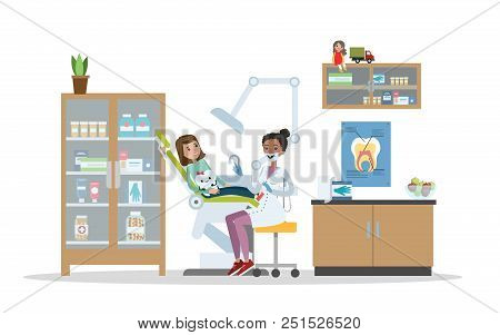 Dental Clinic Interior. Little Child Visiting The Dentist With Toothache. Healthcare And Oral Hygien