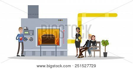 Funeral Service In Crematory. People In Black Clothes Crying At The Burial Ceremony. Vector Flat Ill