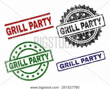 Grill Party Seal Prints With Corroded Texture. Black, Green, Red, Blue Vector Rubber Prints Of Grill