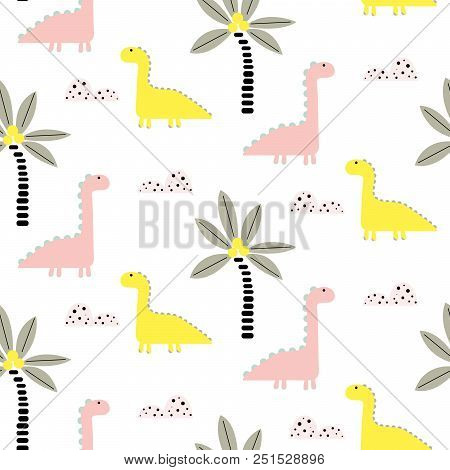 Dinosaurs And Palms Cute Baby Seamless Vector Pattern. Child Animals Repeat Background For Kids Appa