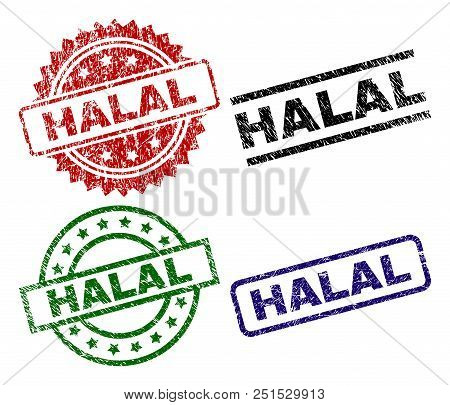 Halal Seal Prints With Damaged Surface. Black, Green, Red, Blue Vector Rubber Prints Of Halal Title 