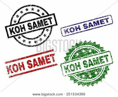 Koh Samet Seal Prints With Distress Style. Black, Green, Red, Blue Vector Rubber Prints Of Koh Samet