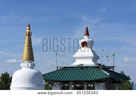 Kachkanar, Russia - July 25, 2018: Built Stupa And Pagoda On Top Of A Mountain In The Buddhist Monas