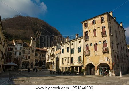 Vittorio Veneto, Italy - February 11th 2018. Buildings In Piazza Flaminio In The Historic Town Of Vi