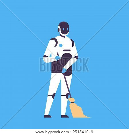 Robot Holding Broom Cleaning Service Concept House Bot Helper Artificial Intelligence Blue Backgroun