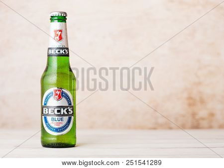 London, Uk - August 10, 2018: Cold Bottle Of Becks Beer On Wood. Becks Brewery Was Founded In 1873 I