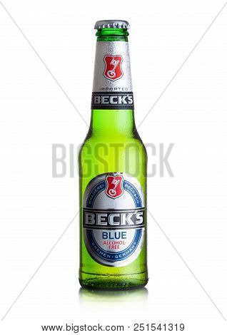 London, Uk - August 10, 2018: Cold Bottle Of Becks Beer On White. Becks Brewery Was Founded In 1873 