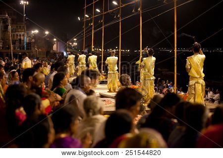 VARANASI, UTTAR PRADESH, INDIA - JULY 6, 2018: Ganga Aarti ceremony at Dasashvamedh Ghat with thousand of prayers each evenning.