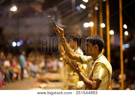 VARANASI, UTTAR PRADESH, INDIA - JULY 6, 2018: Ganga Aarti ceremony at Dasashvamedh Ghat with thousand of prayers each evenning.