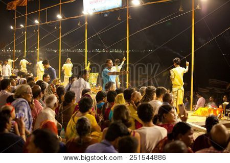 VARANASI, UTTAR PRADESH, INDIA - JULY 6, 2018: Ganga Aarti ceremony at Dasashvamedh Ghat with thousand of prayers each evenning.