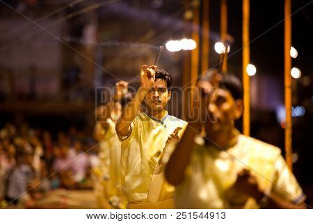 VARANASI, UTTAR PRADESH, INDIA - JULY 6, 2018: Ganga Aarti ceremony at Dasashvamedh Ghat with thousand of prayers each evenning.