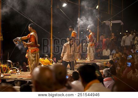 VARANASI, UTTAR PRADESH, INDIA - JULY 6, 2018: Ganga Aarti ceremony at Dasashvamedh Ghat with thousand of prayers each evenning.