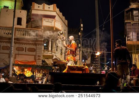 VARANASI, UTTAR PRADESH, INDIA - JULY 6, 2018: Ganga Aarti ceremony at Dasashvamedh Ghat with thousand of prayers each evenning.