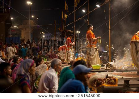 VARANASI, UTTAR PRADESH, INDIA - JULY 6, 2018: Ganga Aarti ceremony at Dasashvamedh Ghat with thousand of prayers each evenning.