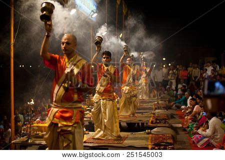 VARANASI, UTTAR PRADESH, INDIA - JULY 6, 2018: Ganga Aarti ceremony at Dasashvamedh Ghat with thousand of prayers each evenning.