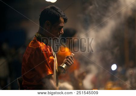 VARANASI, UTTAR PRADESH, INDIA - JULY 6, 2018: Ganga Aarti ceremony at Dasashvamedh Ghat with thousand of prayers each evenning.