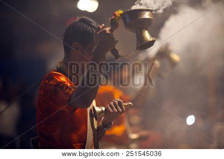 VARANASI, UTTAR PRADESH, INDIA - JULY 6, 2018: Ganga Aarti ceremony at Dasashvamedh Ghat with thousand of prayers each evenning.