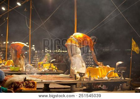 VARANASI, UTTAR PRADESH, INDIA - JULY 6, 2018: Ganga Aarti ceremony at Dasashvamedh Ghat with thousand of prayers each evenning.