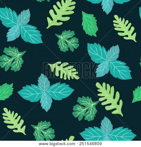 Fresh Green Botanical Seamless Background Kitchen Decoration Pattern. Green Culinary Herbs Coriander
