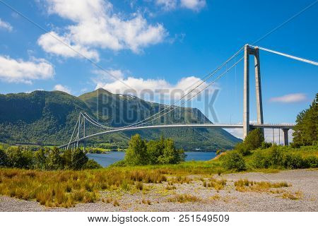 Big Beautiful Cable-braced Bridge Above Fjord In Norway