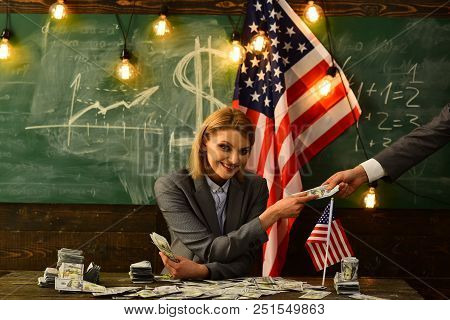 Corruption. Corruption Concept With Woman Giving Money To Man