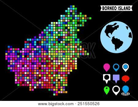 Bright Colored Pixel Halftone Borneo Island Map. Geographic Map In Bright Random Colors On A Black B