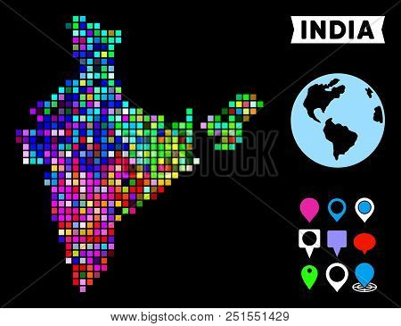 Bright Colored Dot Halftone India Map. Geographic Map In Bright Random Colors On A Black Background.