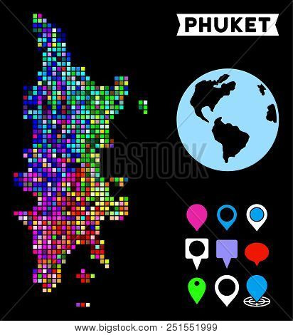 Bright Colored Dot Halftone Phuket Map. Geographic Map In Bright Random Colors On A Black Background