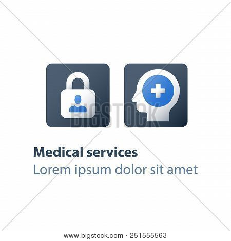 Medical Secrecy Concept, Nondisclosure Personal Information, Lock And Head Vector Flat Icons